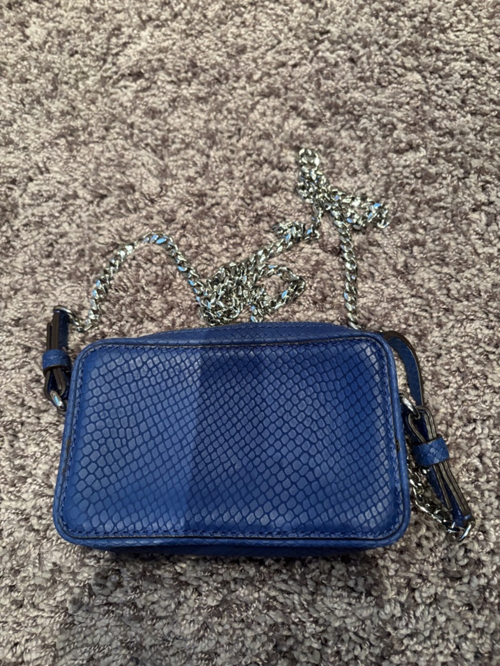 Blue Textured Crossbody Bag with Silver Chain Strap